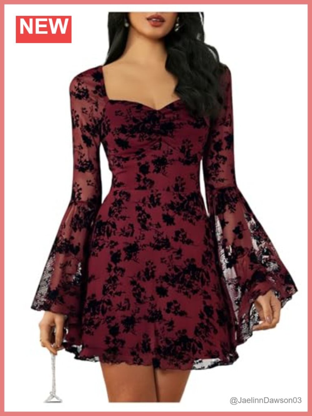 WDIRARA Floral Jacquard Mesh Gothic Bell Sleeve A-Line Dress
